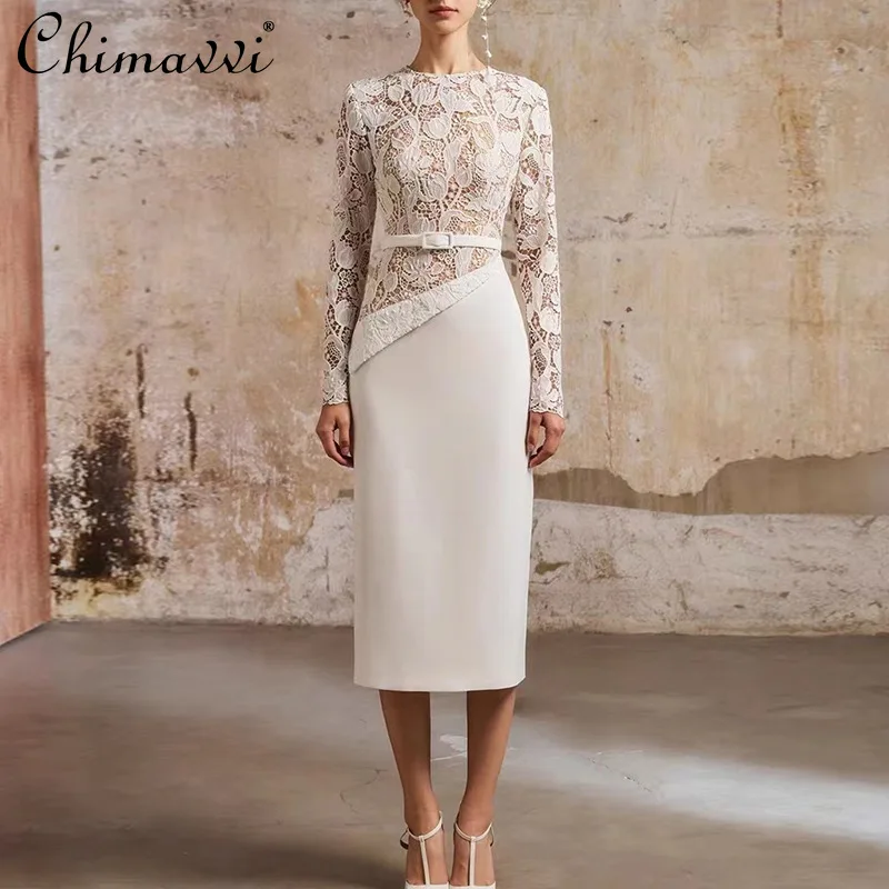 

French Fashion Elegant Socialite Dress Round Neck Long Sleeve Lace Spliced High Waist Belt Slim Fit Bodycon Dress Women Autumn
