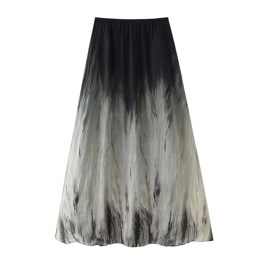 

HH TRAF Summer Women's Skirts Print Tie Dye Side Zipper Pleat Decorate Women High Street Elastic Waist Mid-length Skirt Mujer