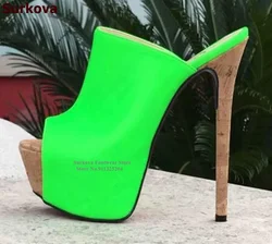 Surkova Cork Thin High Heel Platform Slippers Neon Yellow Green Open Toe Wooden Heels Dress Pumps Patchwork Slip-on Sandals