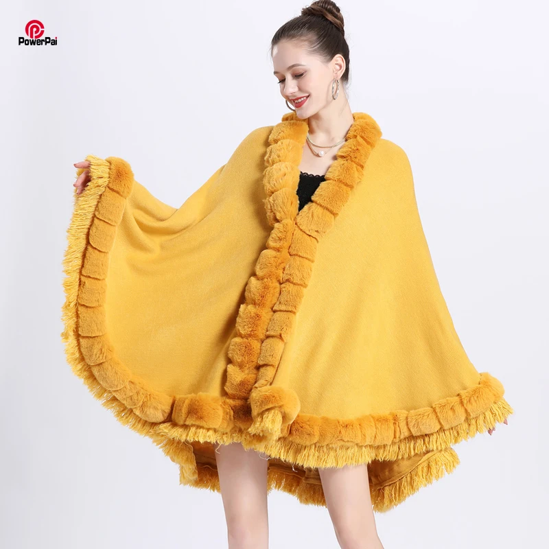 Full Trim Bamboo Joint Faux Rex Rabbit Fur Cape Coat Long Fashion Tassels Double Hem Autumn Winter New Knit Cardigan Wraps Cloak