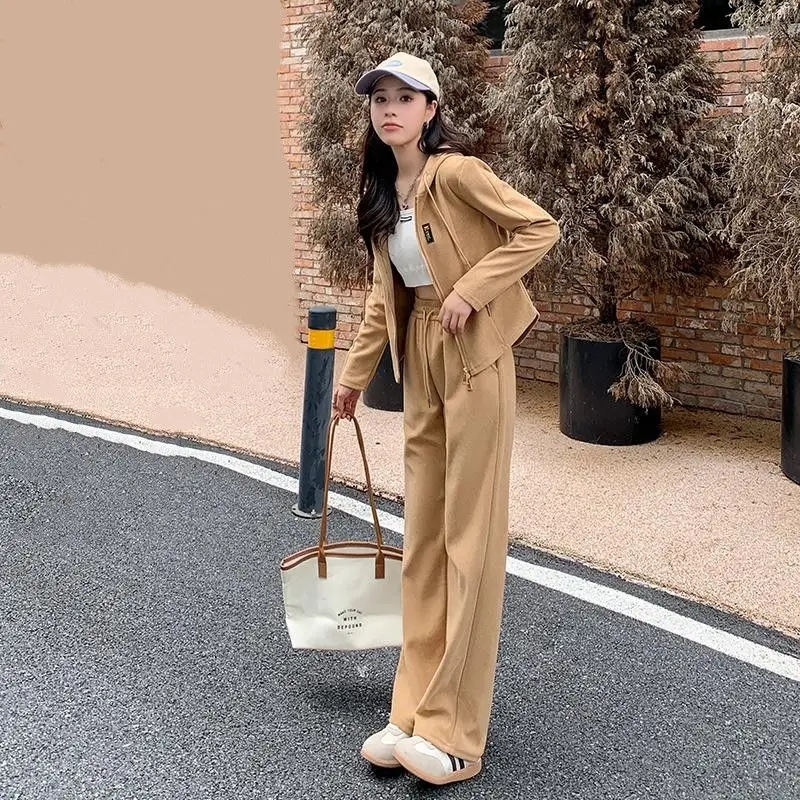 

Women's American Style Hooded Cardigan Wide Leg Pants Set Retro Casual Solid Loose Fitting Hoodie Cardigan Pants Two-piece Set