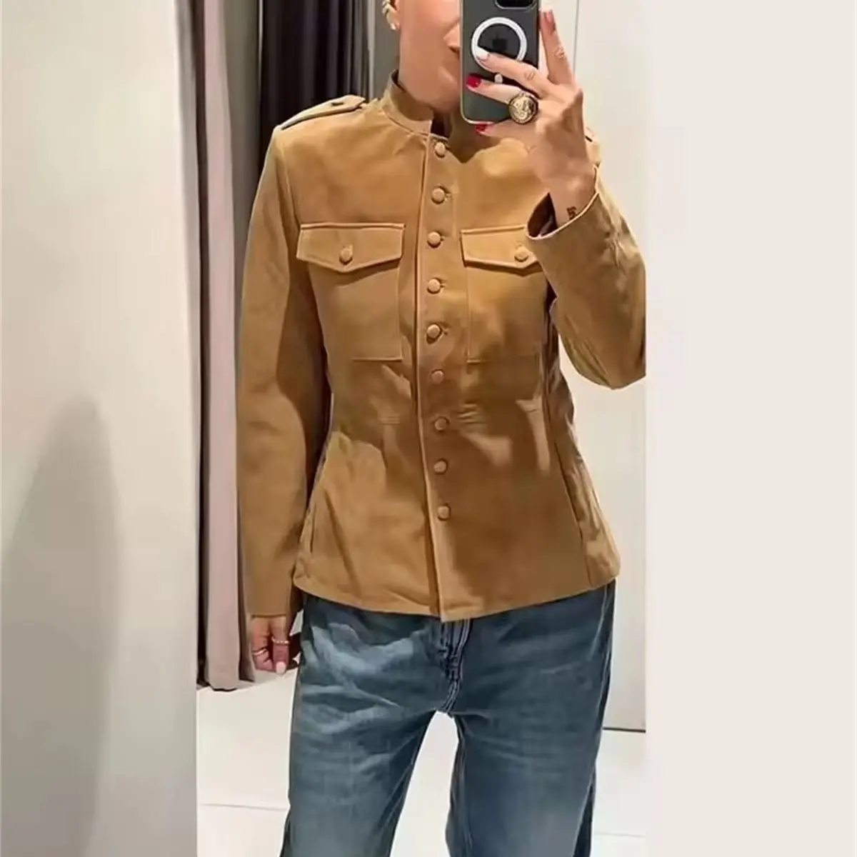 Fashion Vintage Women's Jacket Single Breasted Stand Neck Autumn Winter Solid Coats Lady Chic Streetwear 2026 Elegant Clothes