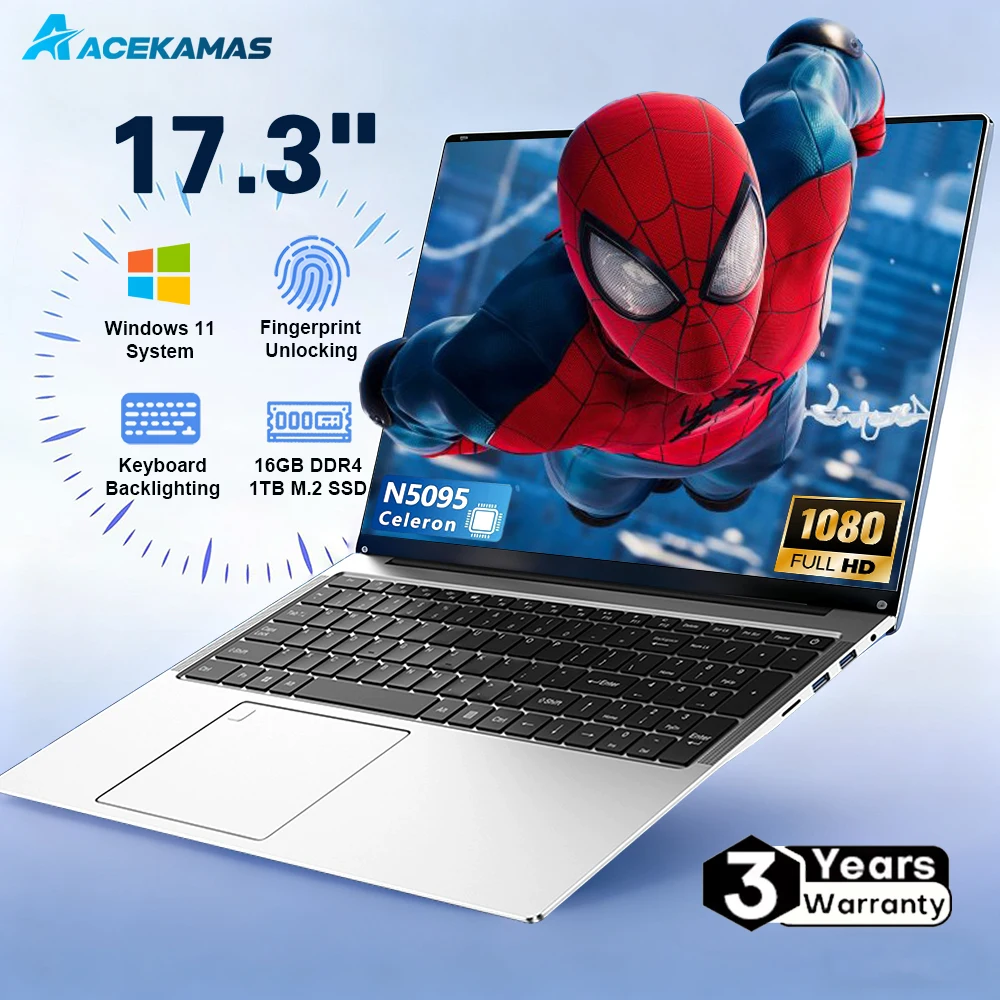 كمبيوتر محمول ACEKAMAS مقاس 17.3 بوصة Intel N5095 Windows 11 16GB DDR4 1TB SSD بصمة فتح الألعاب مكتب دراسة الكمبيوتر المحمول