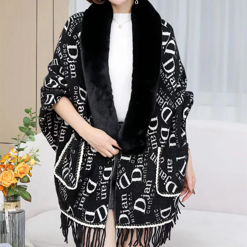 Autumn Winter New Alphabetic pattern Imitation Wool Collar Knitted Shawl Women  Tassels Poncho Lady Capes Black Cloaks