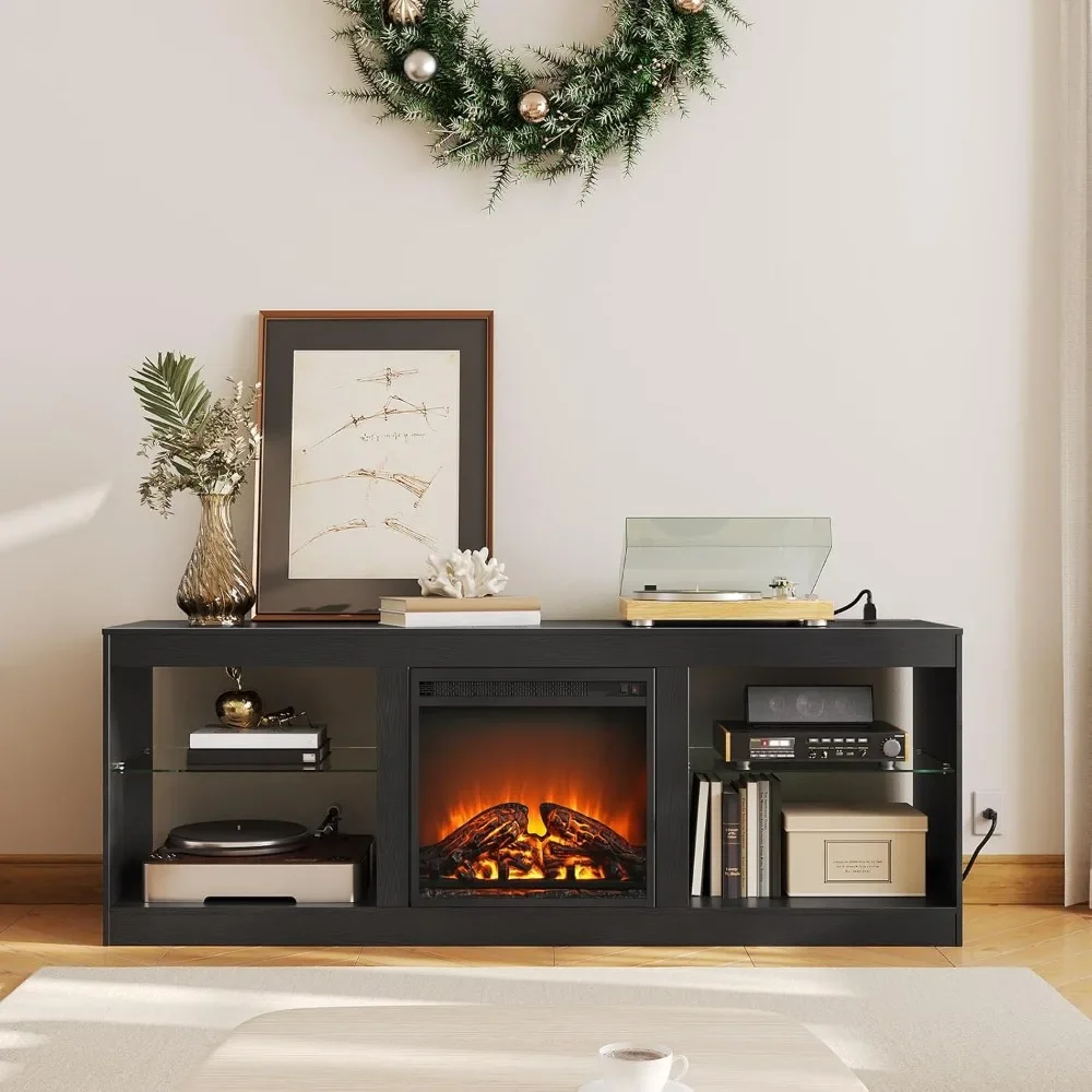 

Fireplace TV Stand with LED Lights & Power Outlets – Electric Fireplace Console for TVs up to 75", Adjustable Glass Shelves