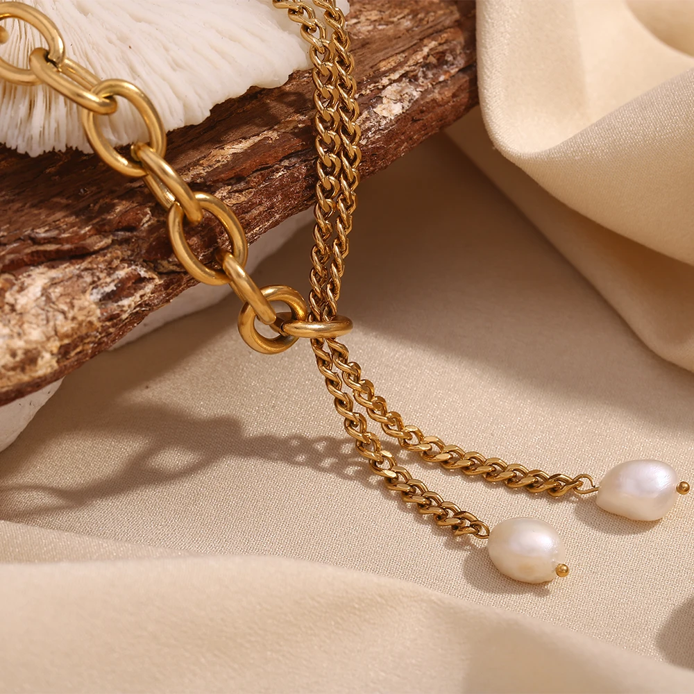 E.B.belle Double layer Asymmetric Cuban O-chain Splicing Y-shaped Freshwater Pearl Necklace 18K Gold Plated 316L Stainless Steel