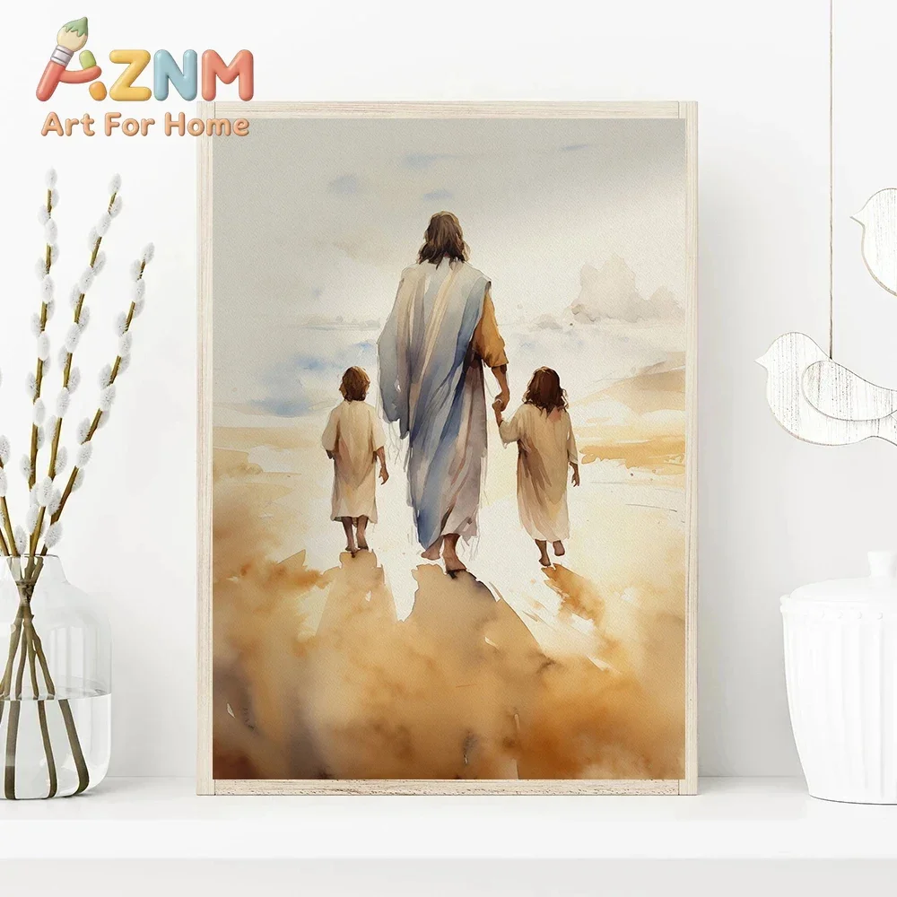 Jesus Christ Walking with A Child,poster Bible Art Canvas Painting Christian  Wall Art Picture for Living Room Home  Decor