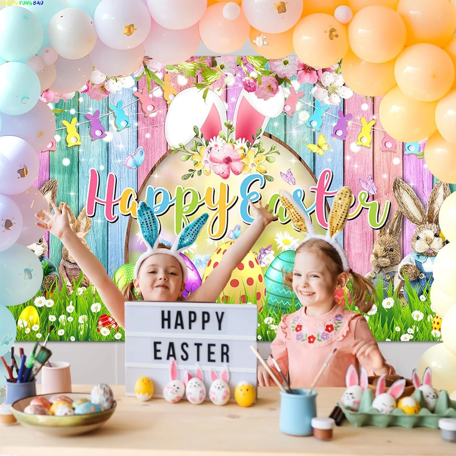 เต็นท์ในร่มเด็กวันเกิดการถ่ายภาพฉากหลัง Props Happy Easter Day กระต่ายผีเสื้อไข่ดอกไม้ภาพพื้นหลัง YN-01