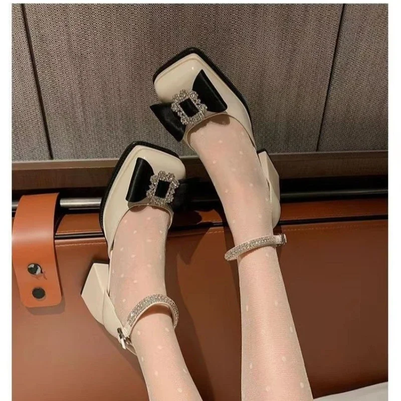 

Baotou thick heeled sandals for women, summer bow, high heels, rhinestone square buckle strap, square toe Mary Jane shoes