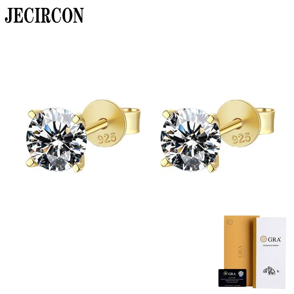 JECIRCON 18K Gold Moissanite Stud Earrings S925 Sterling Silver Simple 4-Claw Round Cut Diamond Commuting Jewelry for Men/Women