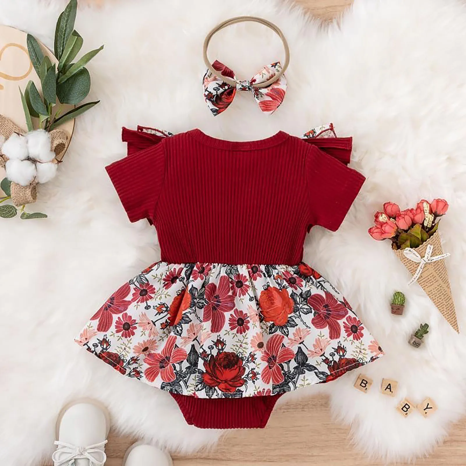 Baby Girls Floral Crawling Dress Super Soft Cotton Bodysuit Baby's Clothing for Daily Life School Outing