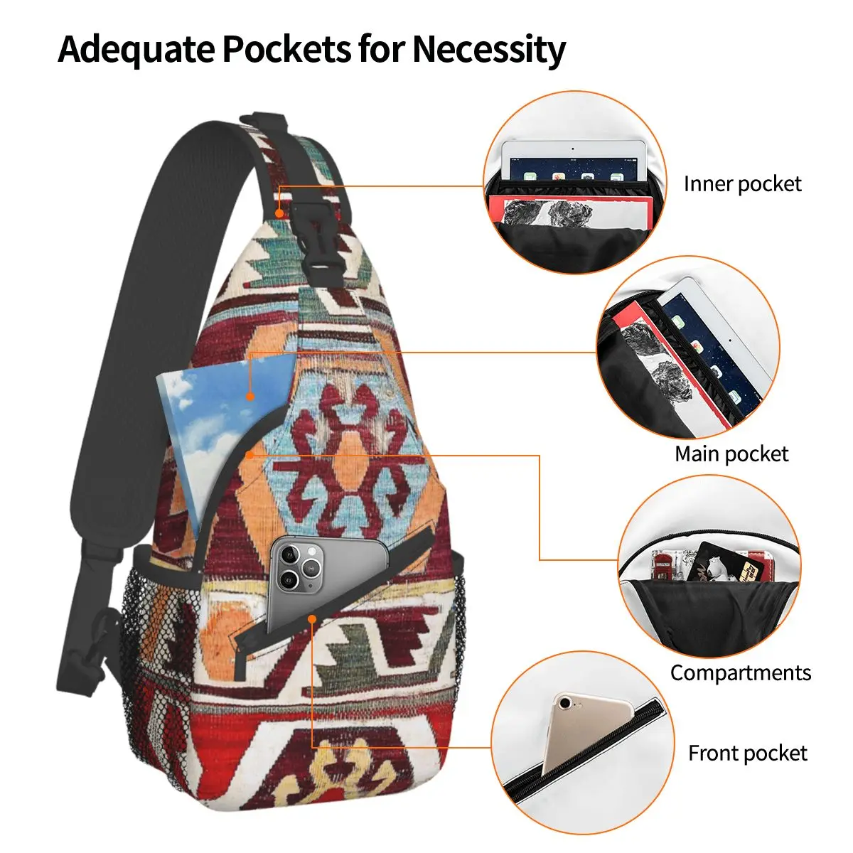 Konya Central Kilim Small Sling Bags Chest Crossbody Shoulder Backpack Hiking Travel Daypacks Boho Bohemian Turkish Casual Bag