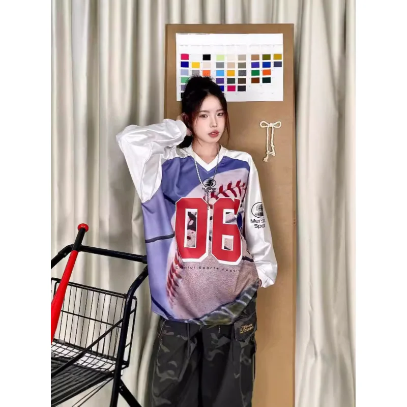 Sınır ötesi amerikan Retro yüksek sokak spor saten designvjersey Jersey kazak kadın gevşek rahat uzun kollu üst