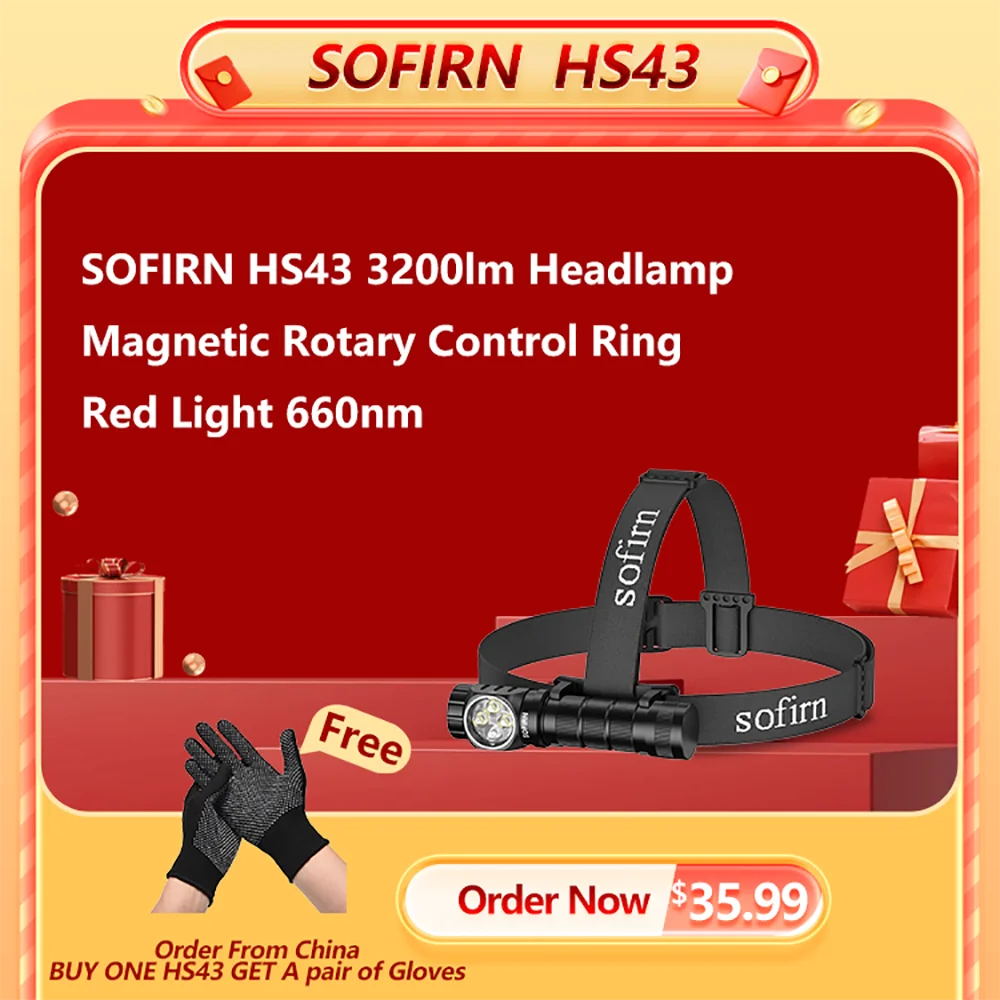 SOFIRN HS43 3200lm Headlamp Red Light 660nm 21700 USB C Rechargeable Flashlight with Magnetic Rotary Control Ring for Outdoor