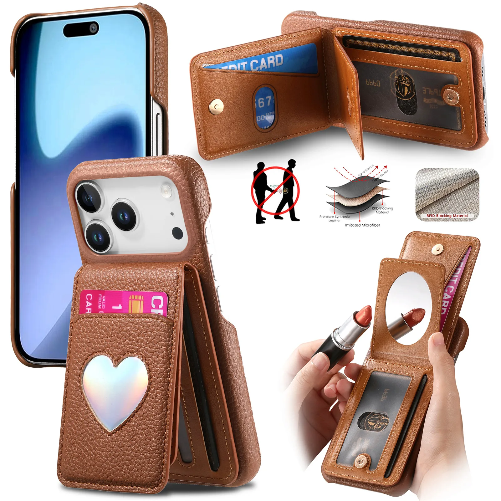 

Кожаный чехол-кошелек с узором личи Love Heart Mirror для iPhone 17 Pro Max 16 Plus 15 Plus 14 13 12 11 RFID, чехол для макияжа