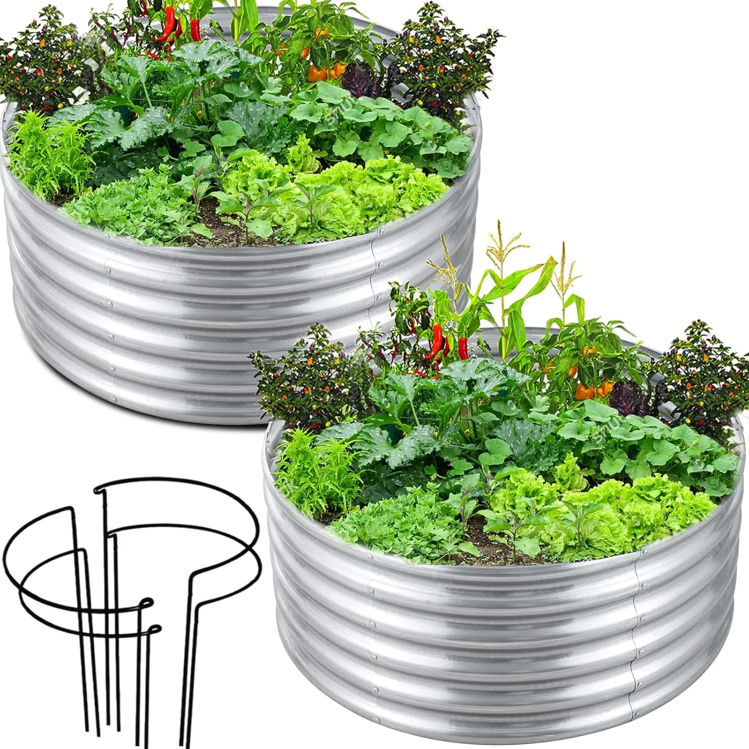 

2 Pcs 17"" Tall 4 Ft Round Raised Garden Bed Box Galvanized Metal Outdoor High Flower Bed Steel Patio Ground Planter For