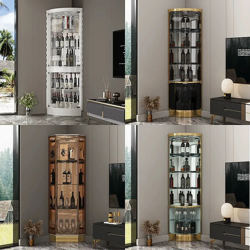 Stainless Steel Glass Corner Wine Cabinet Wall Triangle Display Shelf Luxury Home Bar Storage