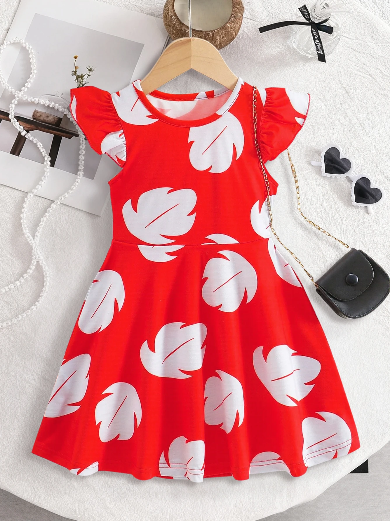 Children's Hawaiian-Style Leaf Dress, Girls' Little Flutter-Sleeve Princess Dress, Versatile Red Dress for Summer Outings/Birthday Parties