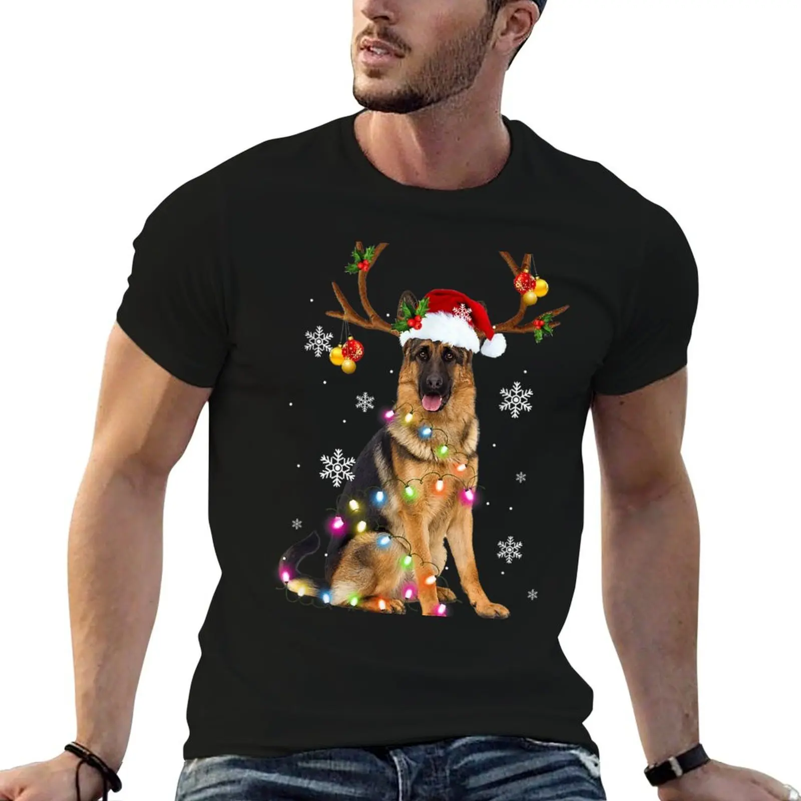 

German Shepherd Christmas Reindeer Christmas Lights Pajama T-Shirt anime t shirts oversize T-Shirt