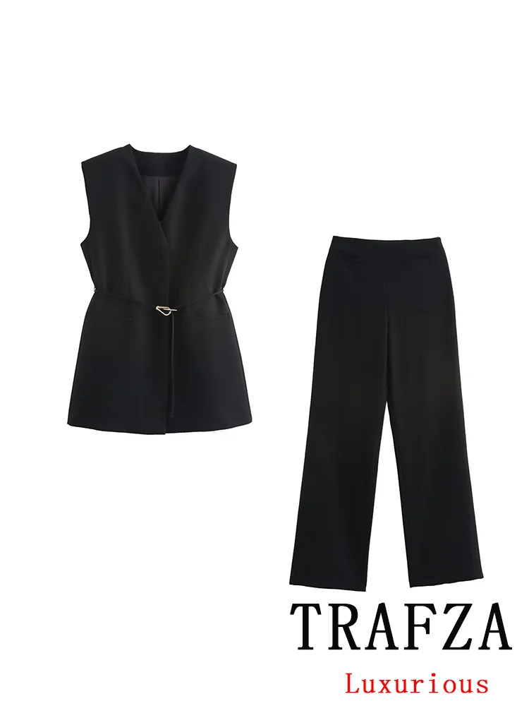 TRAFZA Vintage Casual Chic Solid Women Suit Sashes V-Neck Sleeveless Blazer Loose Flare Pants Fashion 2024 Autumn Female Suits