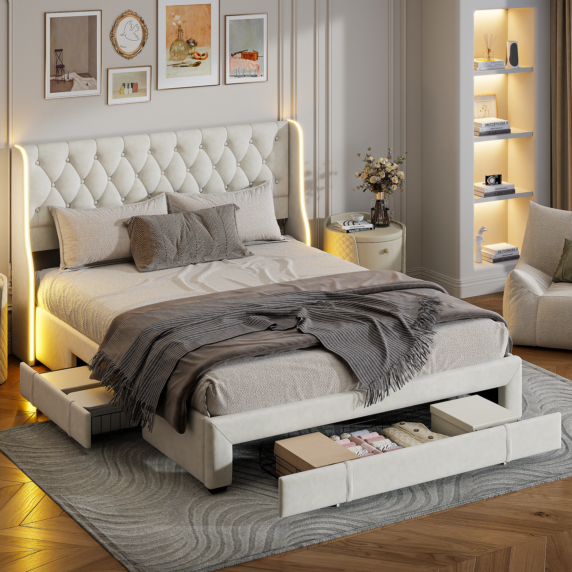 Letto Imbottito Rosahqnda,Letto Matrimoniale,140X200 Cm,Con 3 Cassetti,Struttura Letto A Doghe,Letto Adulto,Letto Giovanile, Testiera Imbottita, Velluto