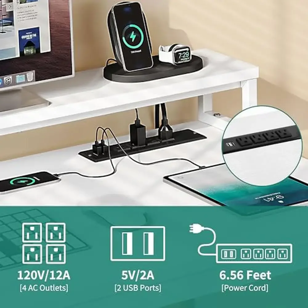 L-Shaped Desk with Power Outlets LED Lights & File Cabinet Home Office Computer Desk 55" with Drawers USB Ports & Smart RGB