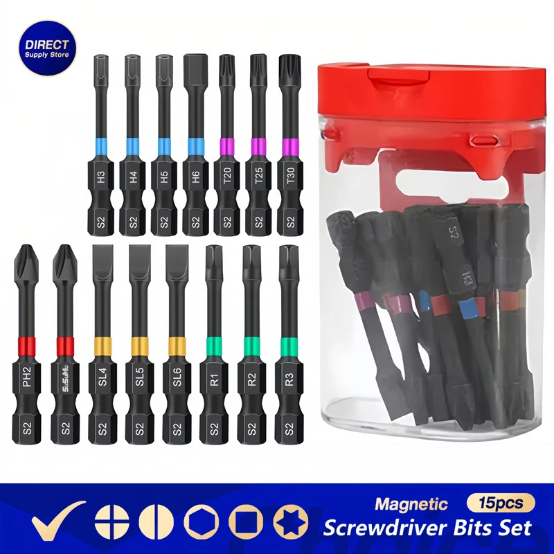 15PCS Impact Magnetic Screwdriver Bits Set Stronger Magnet Screw Drill Bit Anti Slip Torx Square Slotted Hex Head