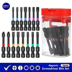 15PCS Impact Magnetic Screwdriver Bits Set Stronger Magnet Screw Drill Bit Anti Slip Torx Square Slotted Hex Head