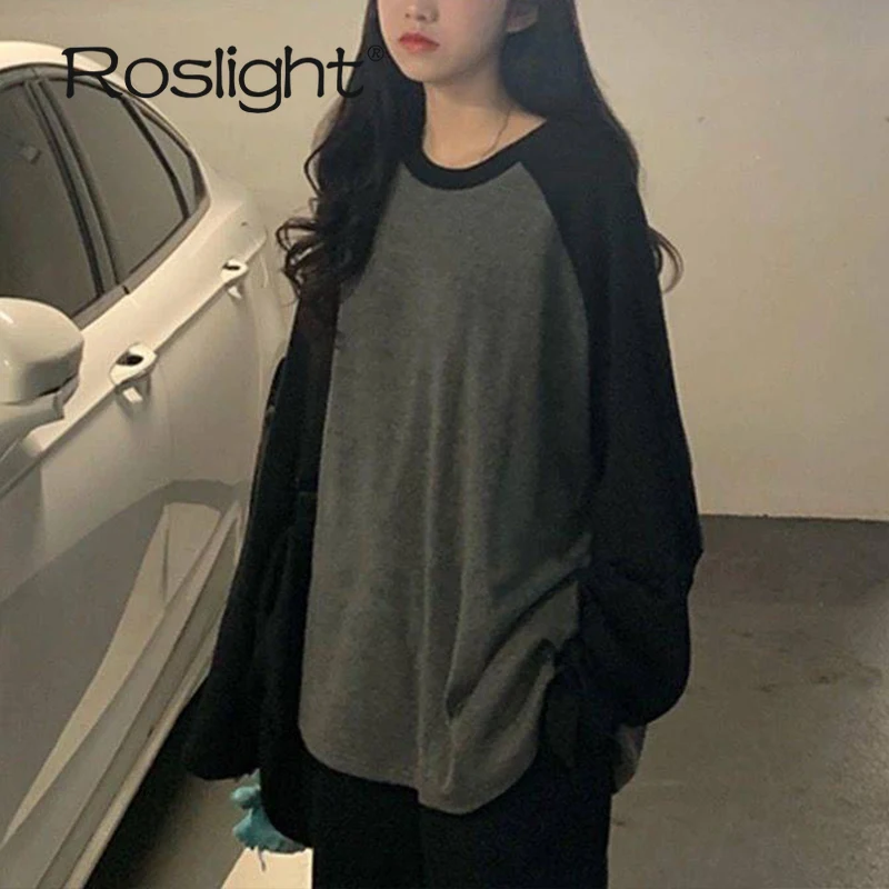 Oversized T-shirt Round Collar Contrast Color Long Sleeve Tops Women Spring Patchwork Kawaii T Shirts Unisex Streetwear