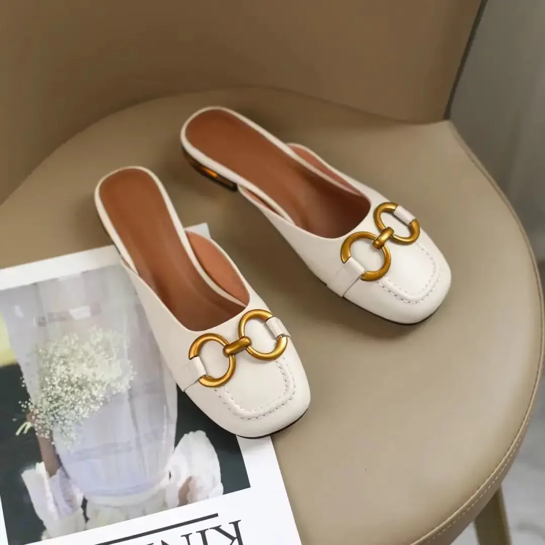 French Style Retro Baotou Slippers Women Wear Flat Heel Semi-slippers In Summer 2023 New Square-headed Muller Shoes Women