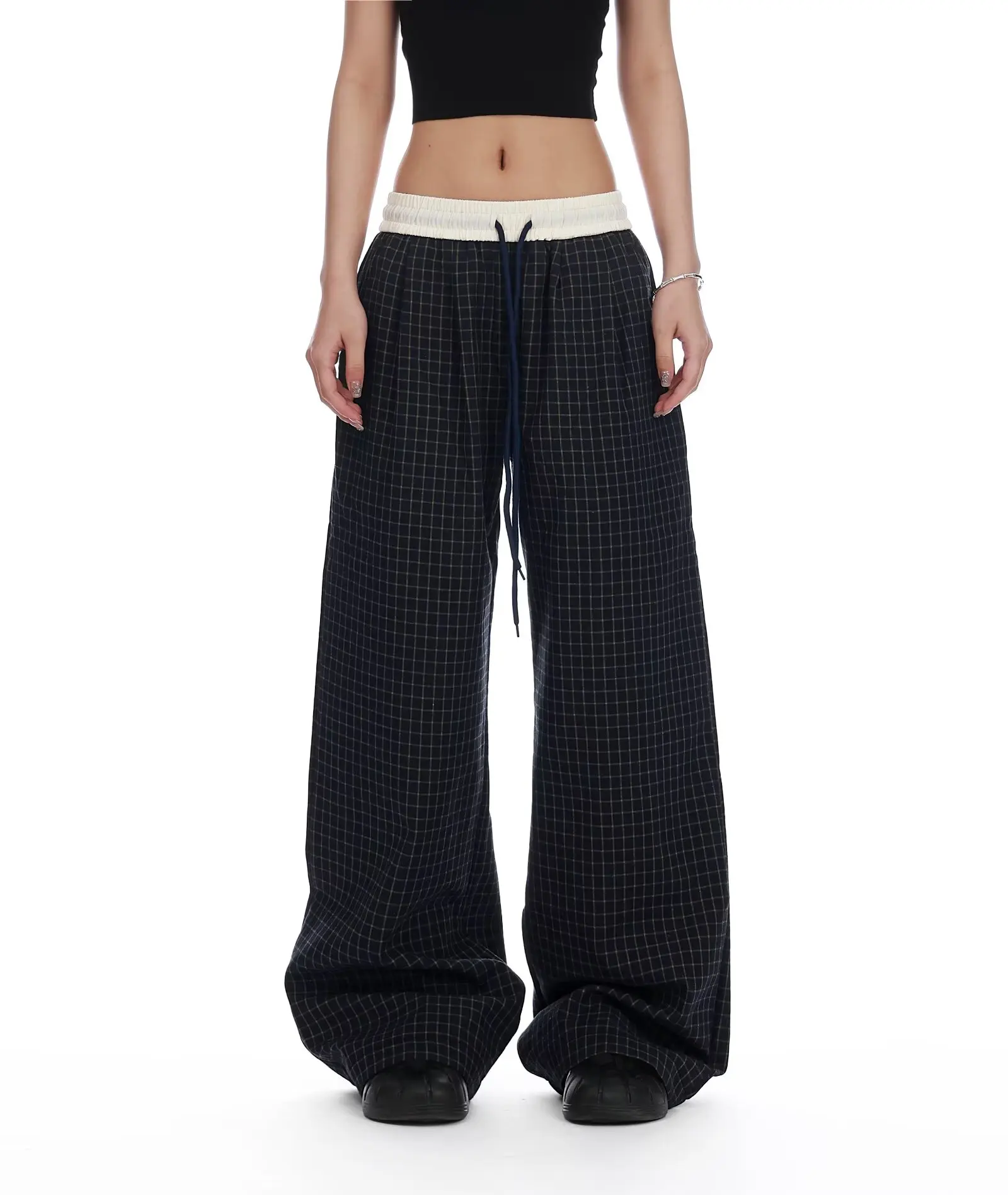 

American Retro Blue Checkered Contrasting High Waisted Wide Leg Pants Women Spring Summer Thin Fit Loose Straight Leg Lazy Pants