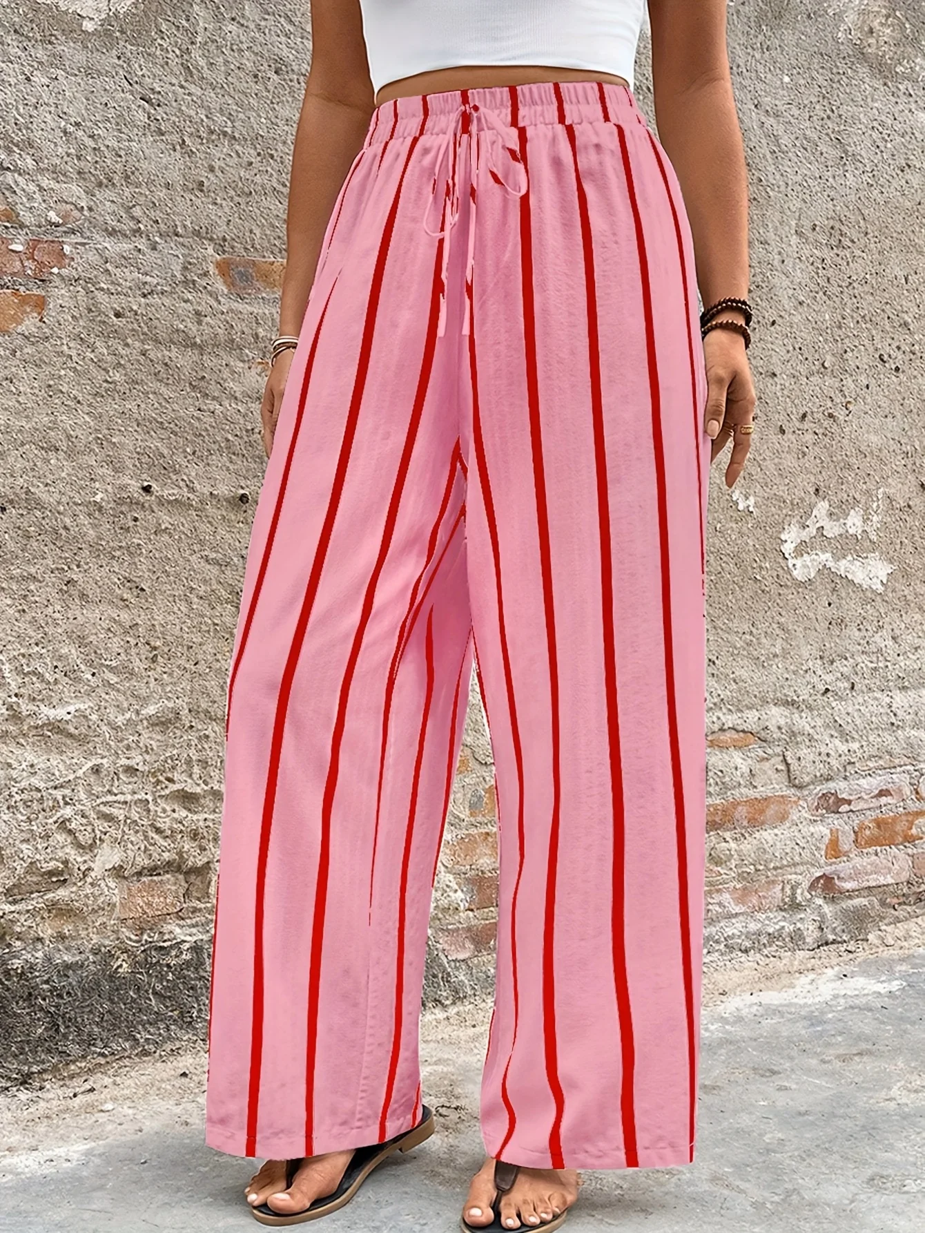 

Large retro casual fashion vacation texture pink striped versatile straight leg pants