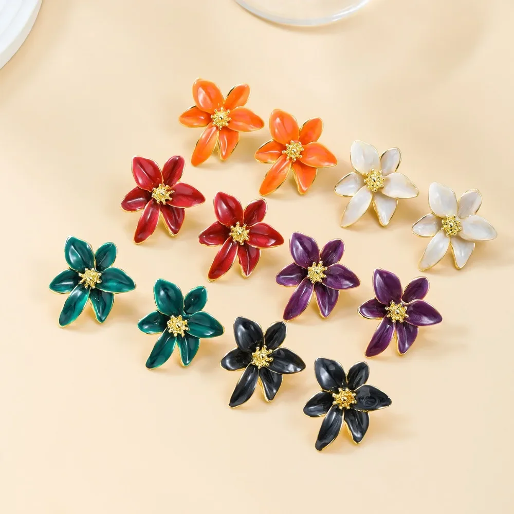 Colorfast Ethnic Style White Enamel Flower Stud Earrings for Women Charm Stainless Steel Wedding Bride Jewelry Accessories Gift