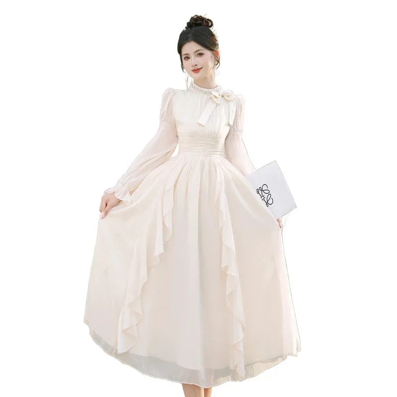ربيع الخريف المرأة Fairycore فستان الأميرة الوقوف طوق الماس الشيفون القوس فستان الحفلات أنيقة المؤنث الكشكشة ميدي فستان