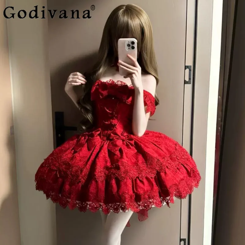Lolita Sweet Lace Slash Neck Banquet Suspender Princess Dress Fashion High Waist A-line Age Reduction Temperament Fairy Dresses