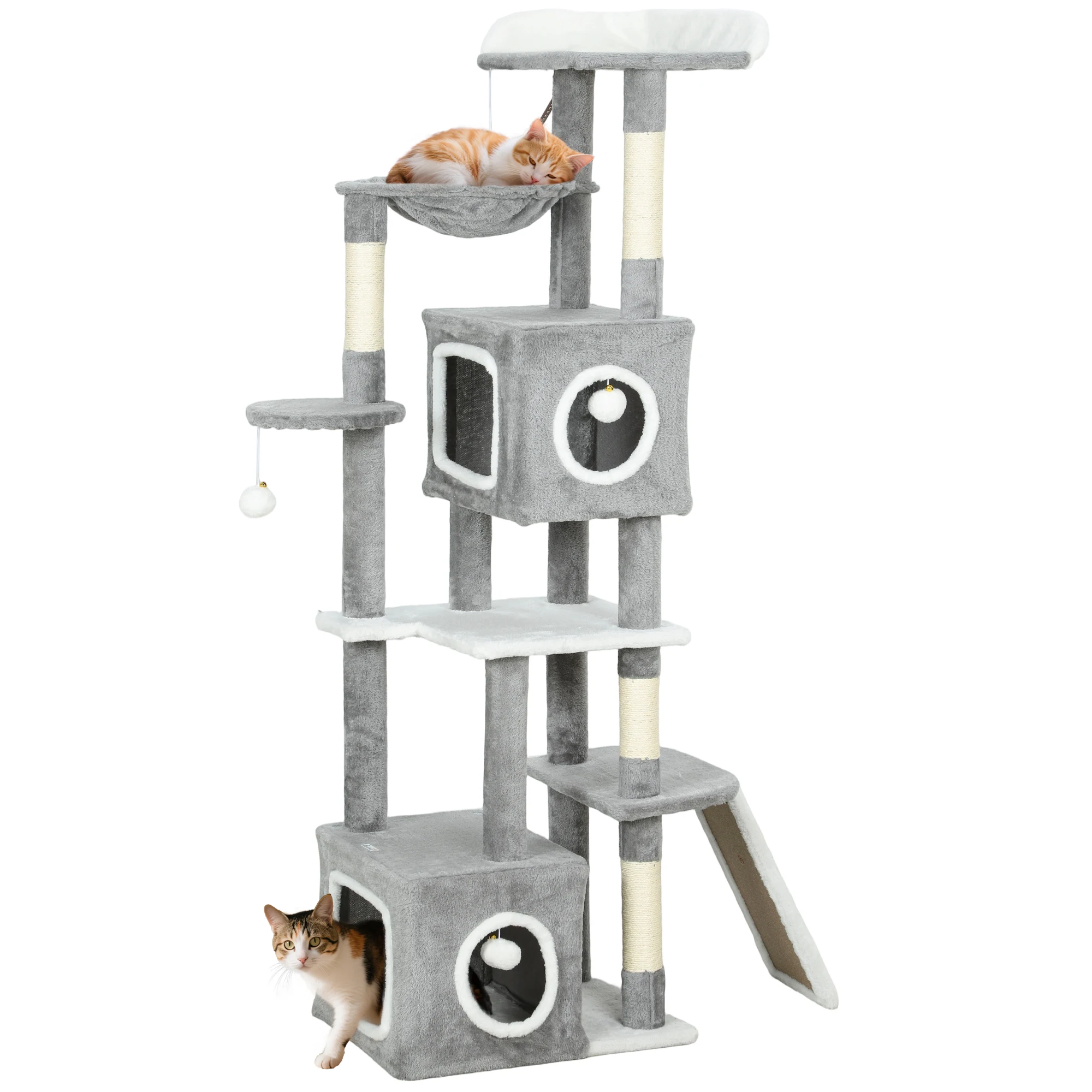 PawHut Arbre à chat hauteur 165 cm avec griffoir et poteaux en sisal, tour de jeux pour chats, centre d'activités avec 2 niches, plateformes, hamac, échelle et 4 pompons, multi-niveaux, gris