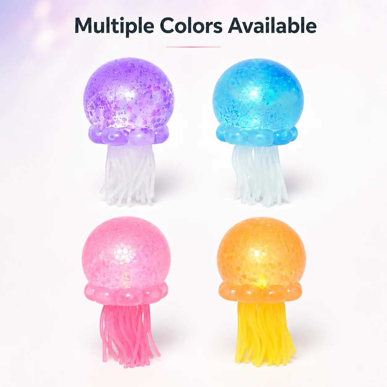 4-color sequin-filled transparent jellyfish soft toy with soft, stretchable silicone tentacles. Cute stress-relief squishy toy with LED lights that glow when squeezed, perfect as a cute gift for birthdays, parties, Christmas, and Halloween.