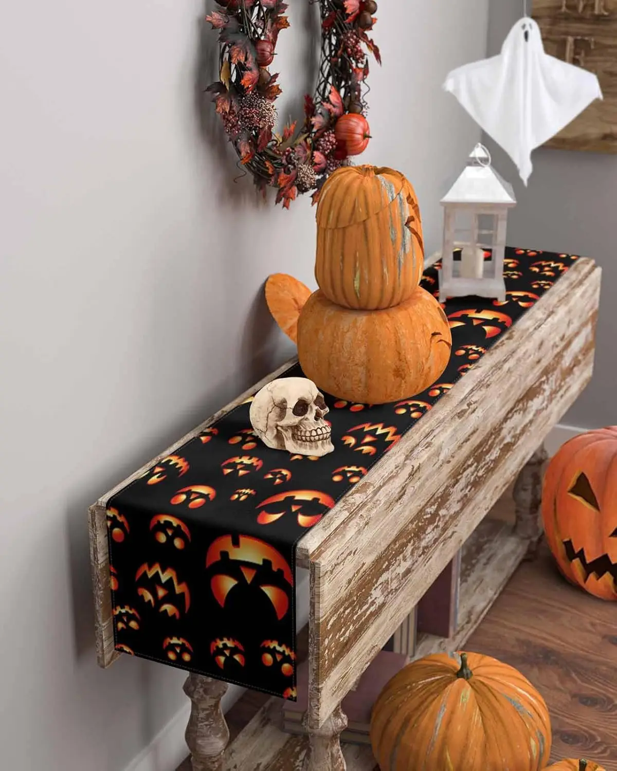 Halloween Ghost Face Linen Table Runner, Reusable, Perfect for Home Table & Party Festive Arrangements
