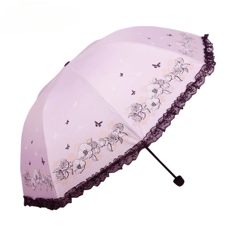 Lace sun umbrella with black glue for sun protection, UV protection, rain and sunny dual use, small and fresh sunshade umbrella