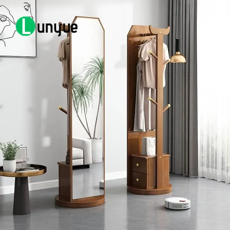 Full Length Floor Mirror with Drawers Solid Wood Coat Rack Rotatable Light Luxury Bedroom Fitting Cabinet Household Storage