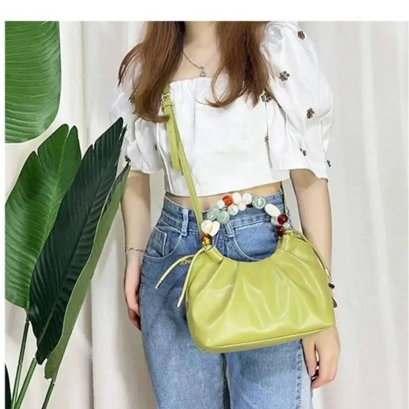 Bloom Elegant White Hand Purses Women Vintage Leather Beading Messenger Bag Female Haruku Casual Crossbody Bags Purse