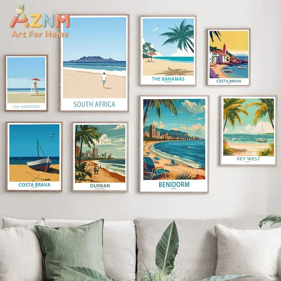 AZNM Vintage World Travel Canvas Wall Art,Retro Tropical Beach Palm Tree Coastal Destination Landscape Illustration Unframed Can