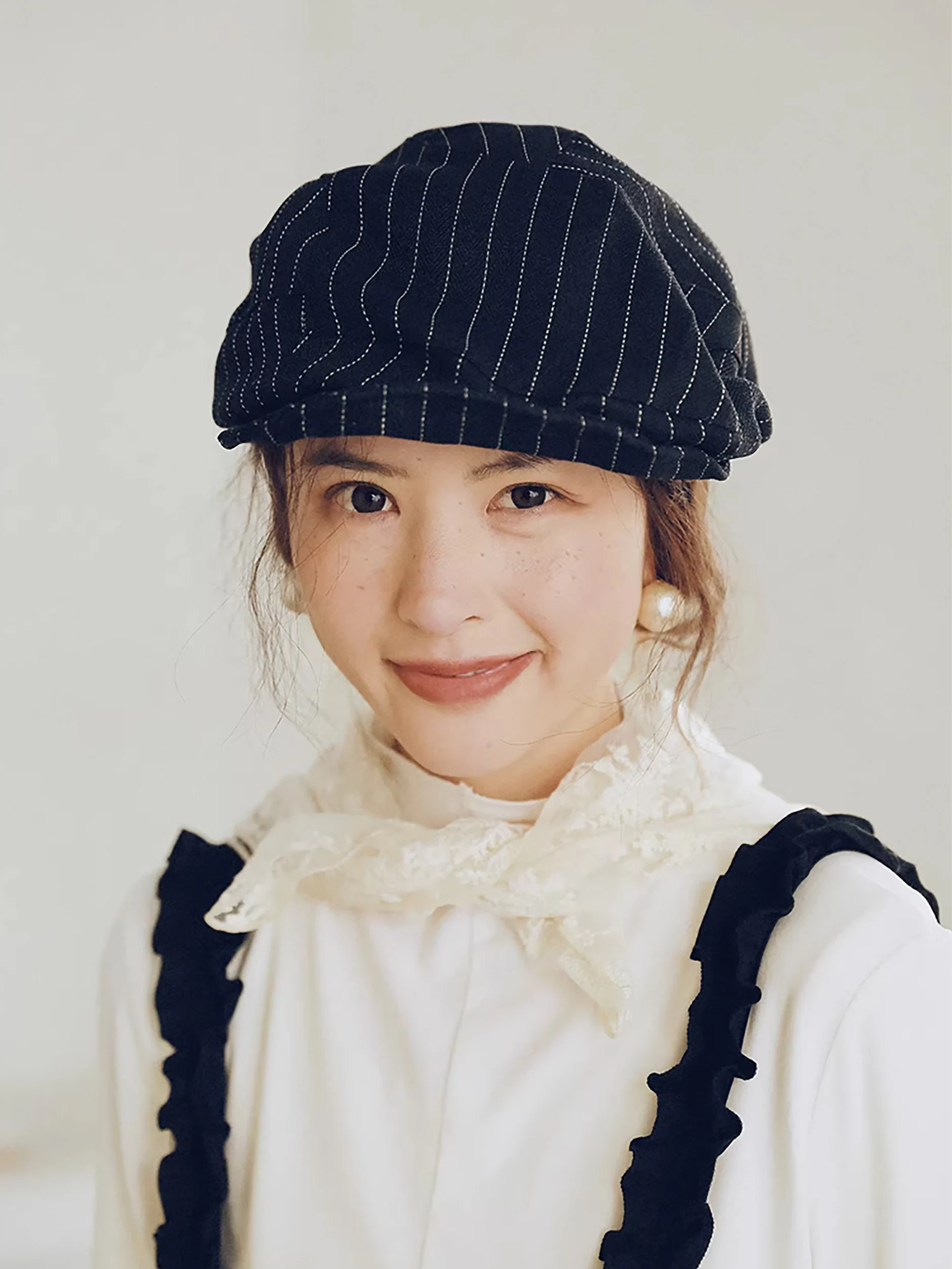 retro-linen-stripe-forward-cap-women's-spring-summer-versatile-duckbill-hat-face-slimming-artistic-style-cap-breathable-high