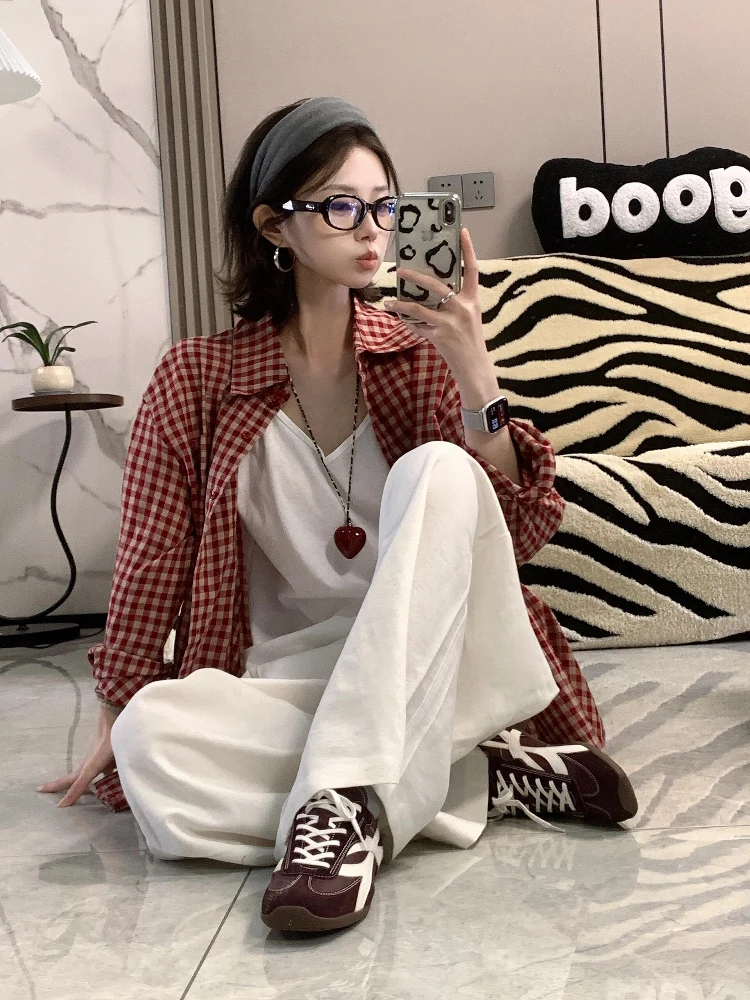 

Retro Red Plaid irt Jaet Women's Loose Lazy Sle Commute Faion Beautiful Sun Protection irt Korean Sle Long Sve