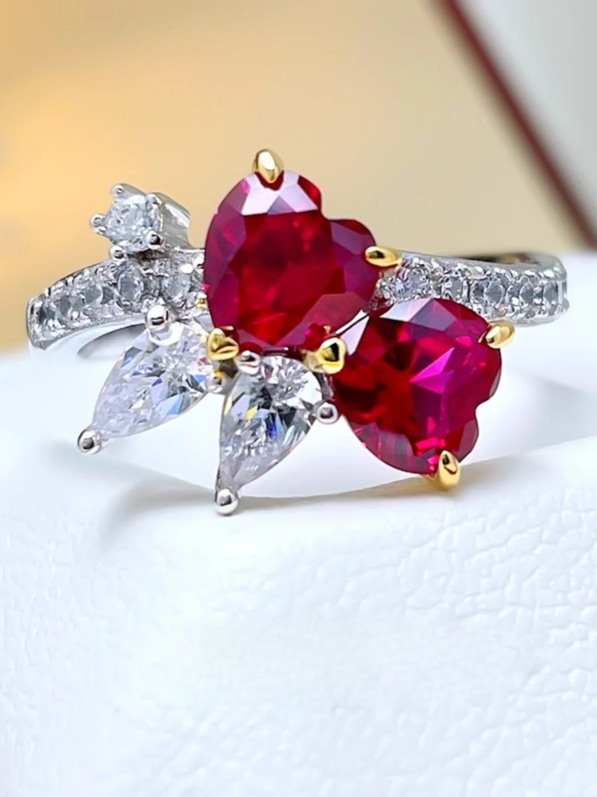 1 carat pigeon blood ruby double heart ring set, high-end new style,sweet and fashionable trend, 925 sterling silver hot selling