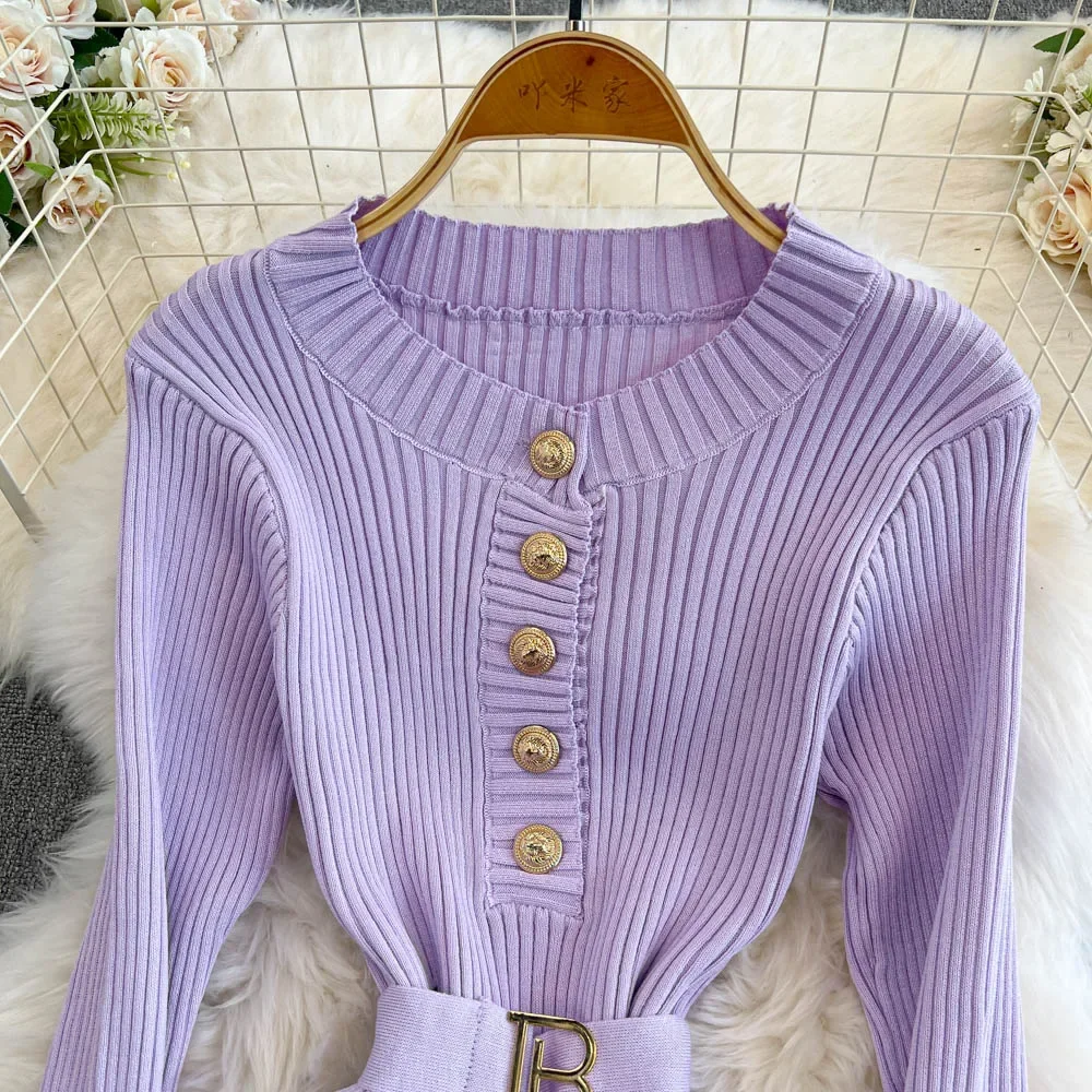 Chic Slim Long Sleeve O-neck Knit Dress High Street Vintage Single Breasted Slim Evening Korean Women Autumn Winter Clothing