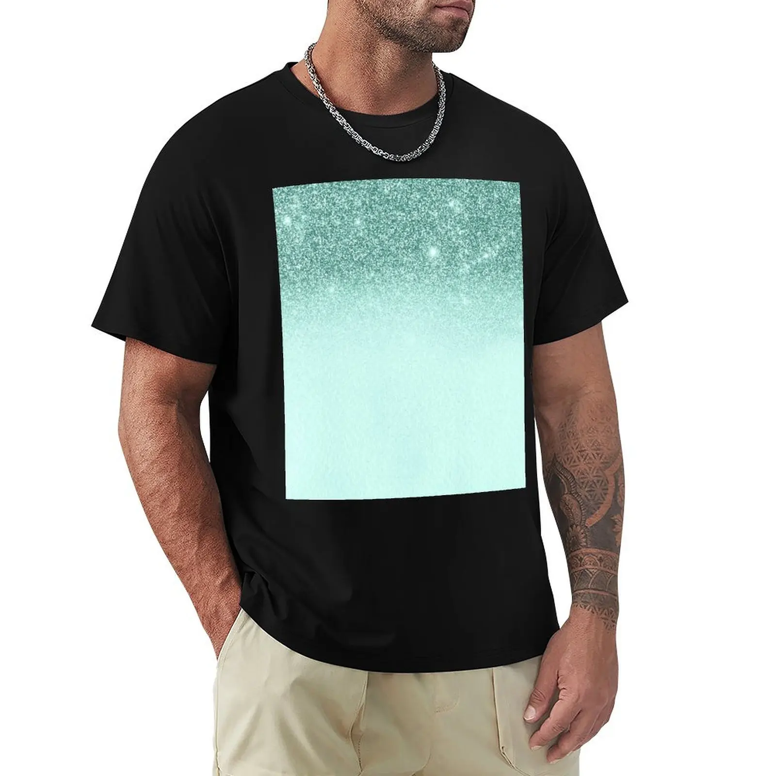 Mint Green Ombre Glitter Sparkle T-Shirt Simple Line Art Print Tee
