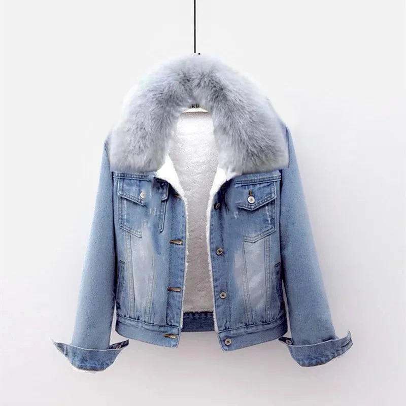 

Autumn Winter New Denim Jacket Women's Outwear Plus Velvet Thicke Warm Thick Fur Collar Parker Coat Fashion Loose Jeans Tops
