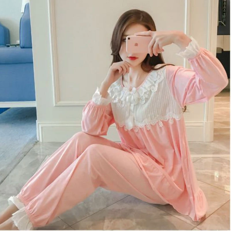 Conjuntos de pijama de renda Kawaii feminino, pijamas de manga comprida, roupa caseira solta chique coreana, roupa Kawaii feminina