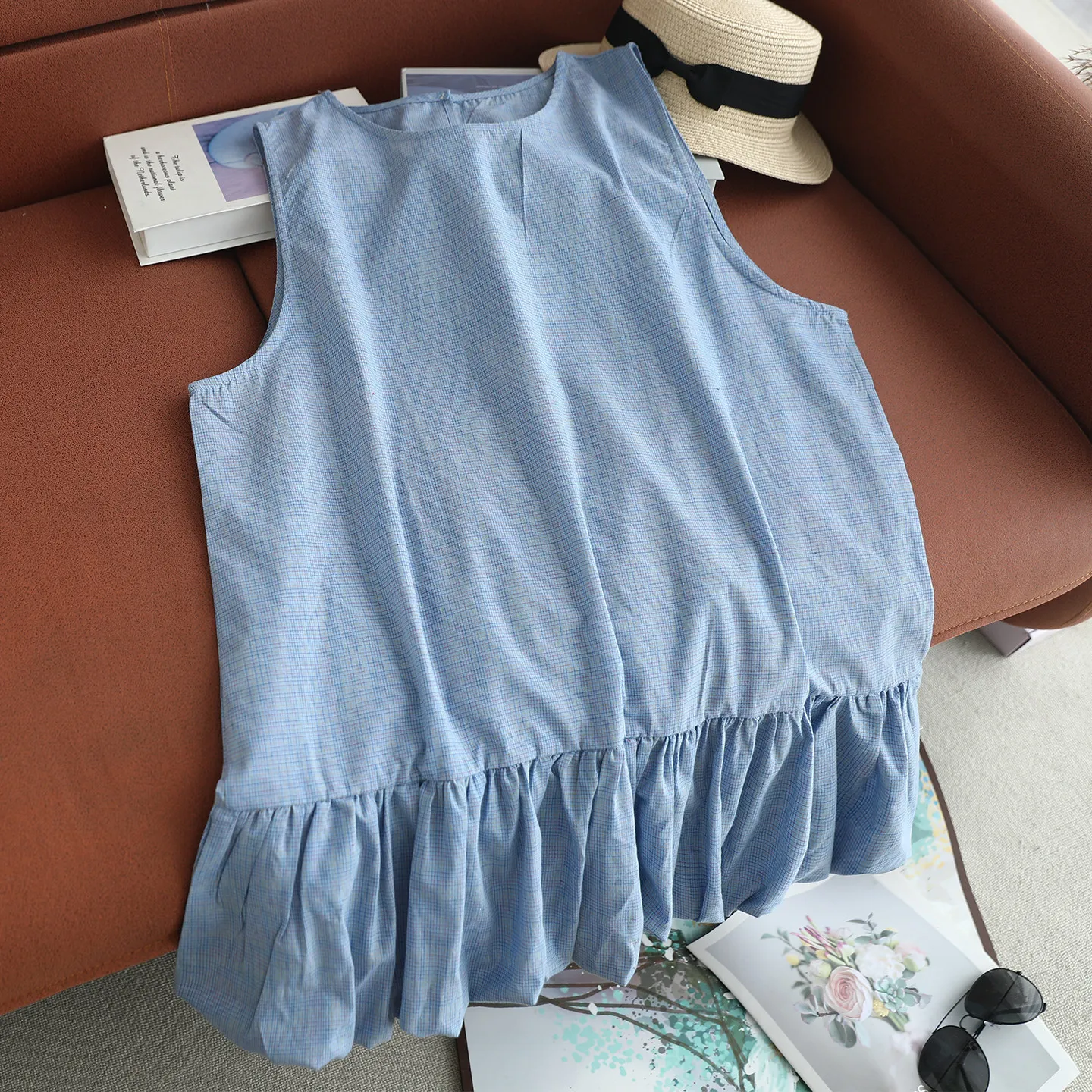 Japanese Vintage Mori Girl Fine Checkered Pattern Cotton Linen Tank Tops Women Summer O-Neck Sleeveless Casual Ruffles Camis Top